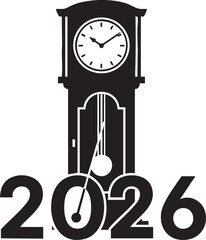New Year 2026 Antique Grandfather Clock Silhouettes on White Background