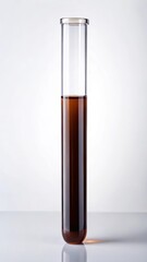 A close-up of a single isolated test tube filled with a dark brown liquid on a white surface