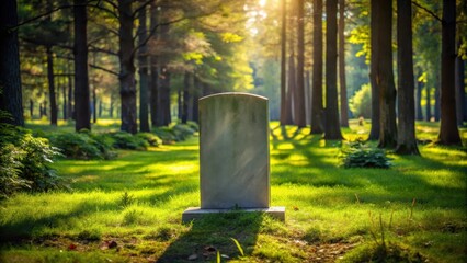 A solemn empty grave with a simple headstone in the middle of a serene forest landscape