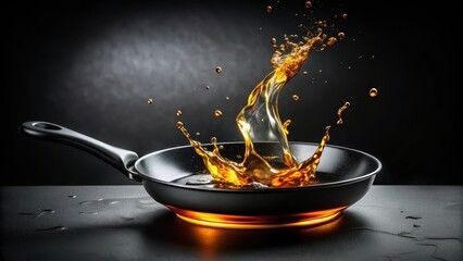 hot oil splashing in black pan cooking