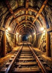 Mine tunnel with wooden rails under dim light