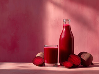 Glass and bottle of red beet juice with whole and sliced fresh beetroot isolated on soft pink background