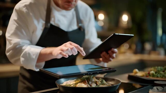 A chef livestreaming a cooking tutorial in a modern kitchen, overhead cameras showing sizzling pans and ingredient close-ups — interactive cooking class, real-time recipe demonstrations, and - Powered by Adobe