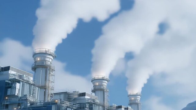 A carbon-capture facility showcasing rows of futuristic machines absorbing atmospheric CO₂, clean air vents releasing purified air into a bright blue sky &mdash; negative emission technology, climate
