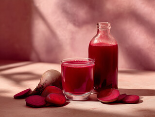 Glass and bottle of red beet juice with whole and sliced fresh beetroot isolated on soft pink background
