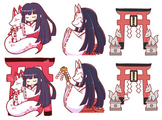 Cute Inari Shrine Illustration Set with Fox Mask Miko, White Fox and Torii, Hand Drawn Japanese Style