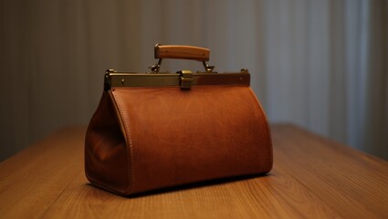 doctor bag on wooden table in side perspective with soft daylight and smooth leather folds in detail