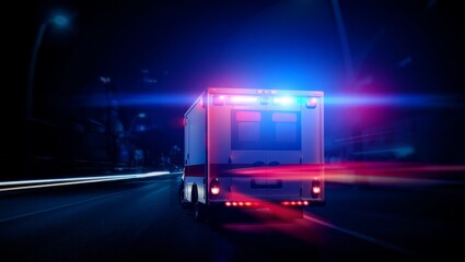 Night ambulance with flashing lights parked on dark roadside with dramatic glow and empty highway