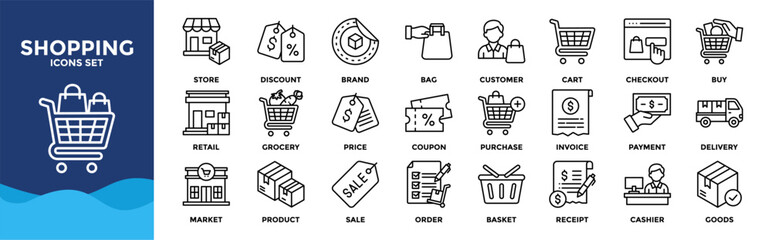 Shopping icon set collection. Icon pack contains cart, bag, store, buy, checkout, payment, discount, price, coupon, product, order, delivery, purchase, market, retail, cashier