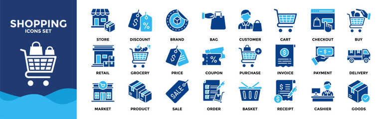 Shopping icon set collection. Icon pack contains cart, bag, store, buy, checkout, payment, discount, price, coupon, product, order, delivery, purchase, market, retail, cashier