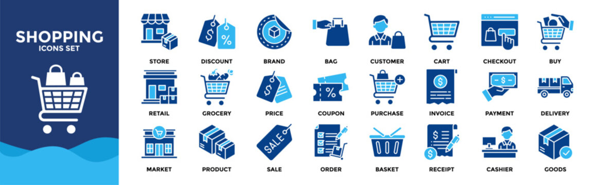 Shopping icon set collection. Icon pack contains cart, bag, store, buy, checkout, payment, discount, price, coupon, product, order, delivery, purchase, market, retail, cashier