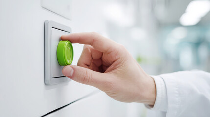 A man in a white coat presses a green button in a bright laboratory room, close-up