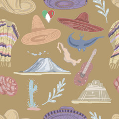 Mexico culture and traditions hats and sombreros guitar travel and tourism volcanoes and pyramids recreation bright ponchos national clothing hand-drawn sketch cute cartoon