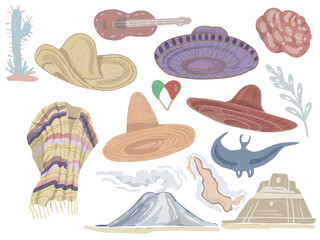 Mexico culture and traditions hats and sombreros guitar travel and tourism volcanoes and pyramids recreation bright ponchos national clothing hand-drawn sketch cute cartoon