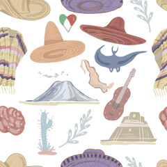Mexico culture and traditions hats and sombreros guitar travel and tourism volcanoes and pyramids recreation bright ponchos national clothing hand-drawn sketch cute cartoon