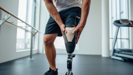 amputee adjusting knee prosthesis during strength training on bench in modern gym interior