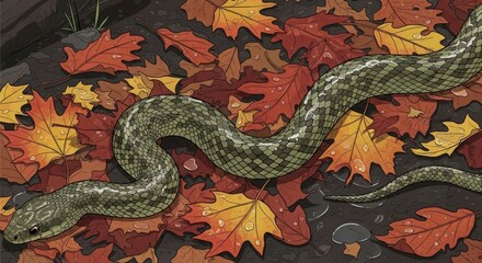 Green and brown snake camouflaged among vibrant autumn leaves on the forest floor.