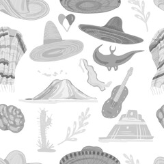 Mexico culture and traditions hats and sombreros guitar travel and tourism volcanoes and pyramids recreation bright ponchos national clothing hand-drawn sketch cute cartoon