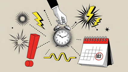 Pop art illustration of deadline pressure and time urgency | Hand holding alarm clock near important calendar date reminder | Comic book style graphic for critical business scheduling | Retro halftone