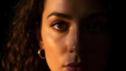 Intense close-up portrait of woman with dramatic golden side lighting | High contrast beauty shot focusing on brown eyes and skin texture | Mysterious female model illuminated by warm studio light | A