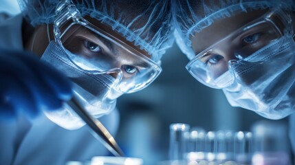 Scientists collaborating in sterile laboratory research