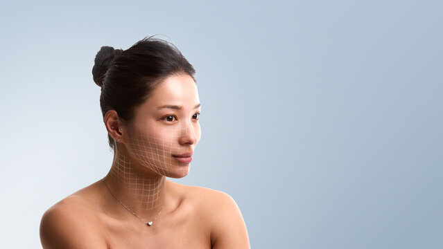 Elegant beauty artwork of woman portrait with facial mapping grid overlay. Concept of aesthetic technology, cosmetic research, skincare innovation, medical visualization, and beauty industry promo.