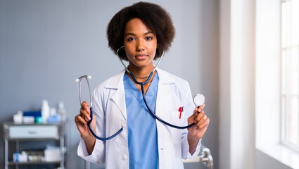 doctor with afro holding stethoscope in modern clinic portrait with calm smile and professional