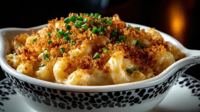 Gourmet Mac and Cheese in White Patterned Bowl Topped with Breadcrumbs and Chives on Dark Backdrop