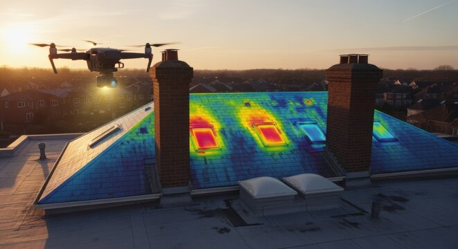 Dronemounted thermal sensors document heat escaping through skylights and chimneys offering precise visuals for targeted roof sealing and insulation improvements.