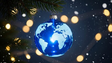 Fototapeta premium Blue Earth Christmas Ornament Hanging on a Fir Branch with Snowflakes