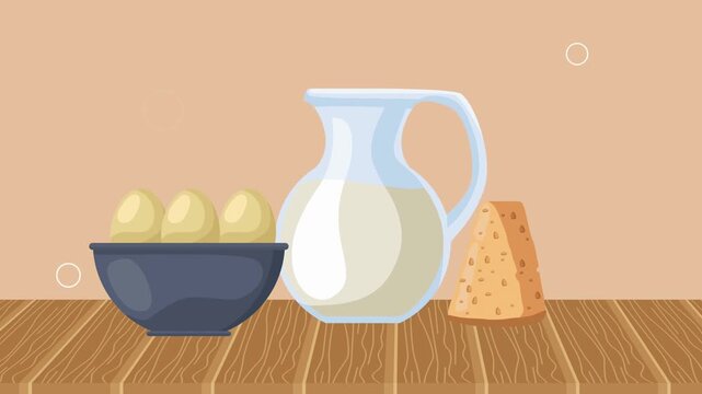 Milk pitcher and cheese on wooden table in kitchen
