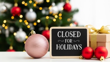 Christmas Tree with Gifts and Closed for Holidays Sign