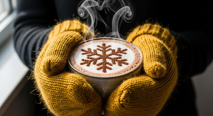 Naklejka premium Person holding mug with snowflake cocoa, wearing yellow glove, emitting steam, symbolizing winter warmth, perfect for seasonal themes