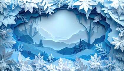 Winter Wonderland Abstract: A captivating abstract illustration of a winter wonderland. with a view into a serene forest scene and delicate paper cut-out snowflakes.