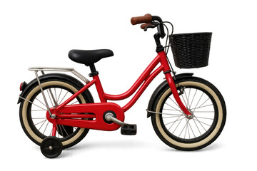 Fototapeta premium Bright red children's bike with training wheels, a front basket, and a rear rack for added convenience