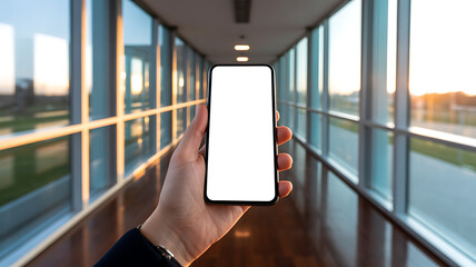 First person view of hand holding phone with blank white screen inside modern walkway with sunset view, ideal for app or ui design mockups