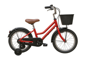 Fototapeta premium Red children's bicycle with training wheels and front basket for learning to ride, isolated on transparent background