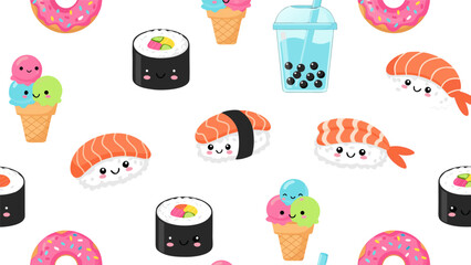 Adorable seamless pattern of kawaii food featuring happy sushi, sweet ice cream, colorful donuts, and refreshing bubble tea for playful designs