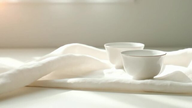 Soft Natural Light Highlights Two Delicate White Tea Cups on a Textured Fabric Background