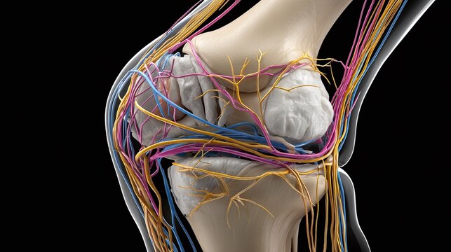 Anatomical rendering showcasing a knee joint with a network of nerves, veins, and ligaments. A detailed view of human anatomy with an eye-catching color palette.