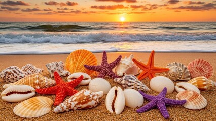Seashells and Starfish on Beach at Sunset ocean