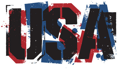 Dynamic grunge artwork featuring bold USA lettering in red, white, and blue with distressed texture and paint splatters. Suitable for patriotism, national branding, sports, and events