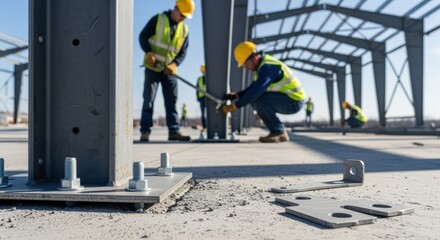 Footage capturing modular hangar frame components being anchored into concrete foundations revealing critical base work for stable aviation structures.