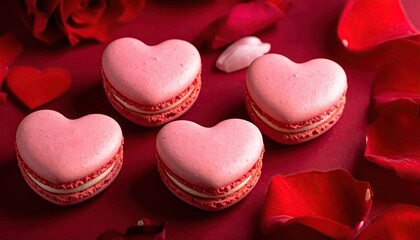 Sweet heart shaped macarons decorated with romantic red rose petals.