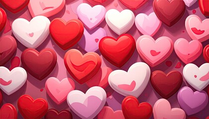 A beautiful arrangement of numerous colorful heart shapes in shades of red pink and white creating a romantic backdrop.