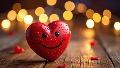 A cheerful red heart with a smiley face sits on a rustic wooden surface with soft bokeh lights in the background.