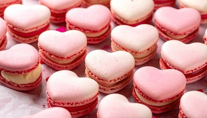 Sweet heart shaped macarons dessert background for Valentines Day celebration.