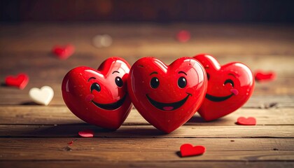 Three Adorable Red Hearts With Happy Smiley Faces On A Rustic Wooden Background.