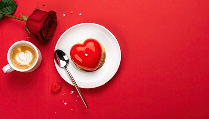 Romantic Valentines Day breakfast with heart cake coffee and red rose.