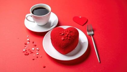 Romantic Heart Shaped Red Velvet Cake with Coffee and Fork.